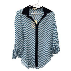Everybody Talks Sheer Chevron Button Front Shirt Size Medium Blue White Poly NEW